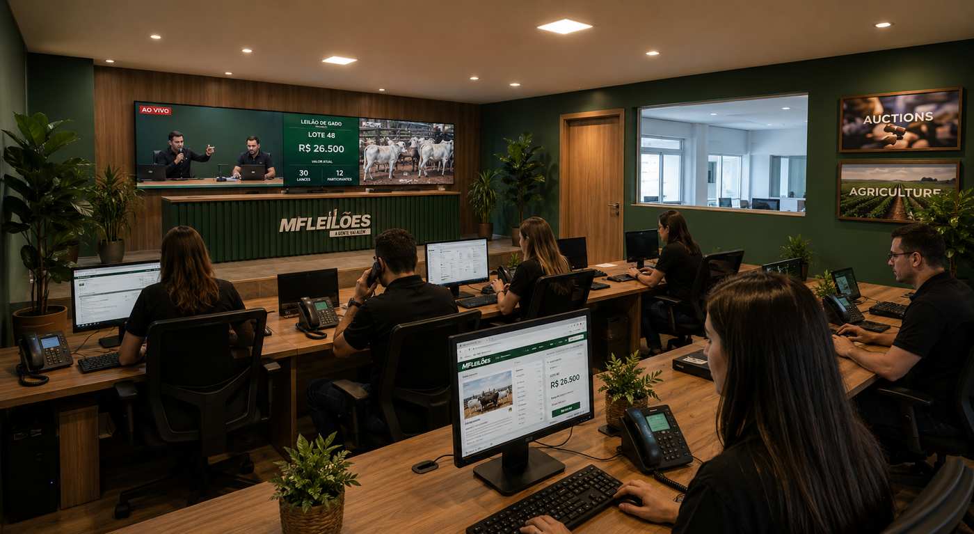 Operação profissional de leilões com gado, máquinas e transmissão ao vivo
