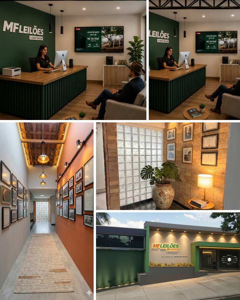 Recepção MF Leilões Franchising com atendimento e visitante aguardando